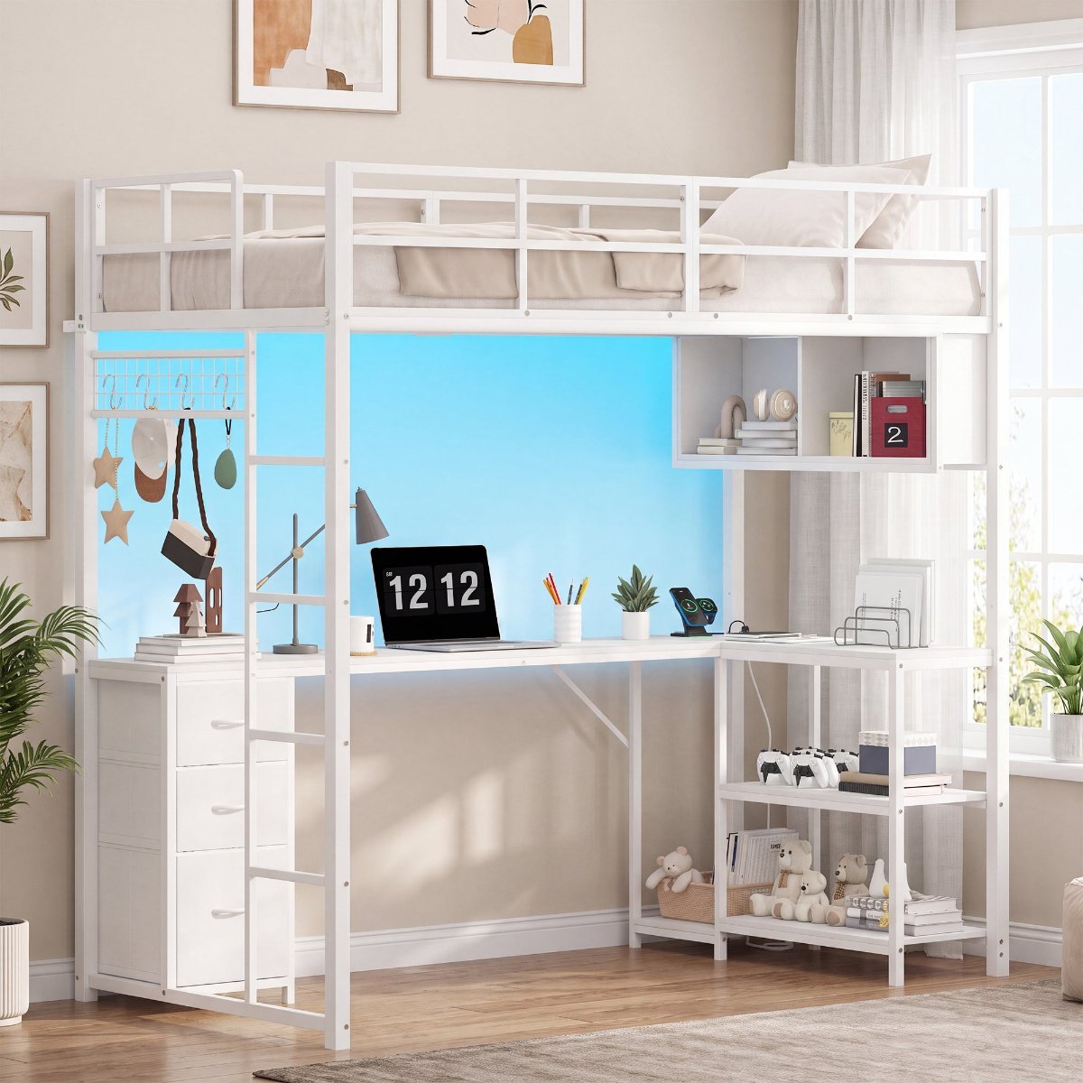 LED Loft Bed Frame with L-Shaped Desk and Charging Station