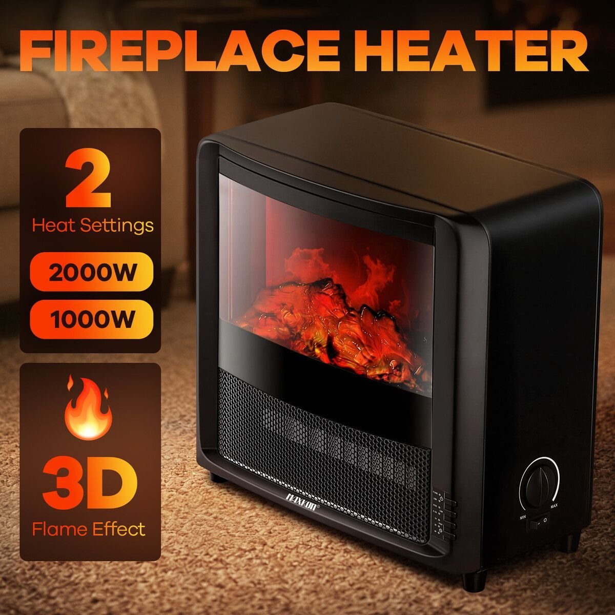 Maxkon 2000W Electric Fireplace Fire Heater 3D Flame Effect