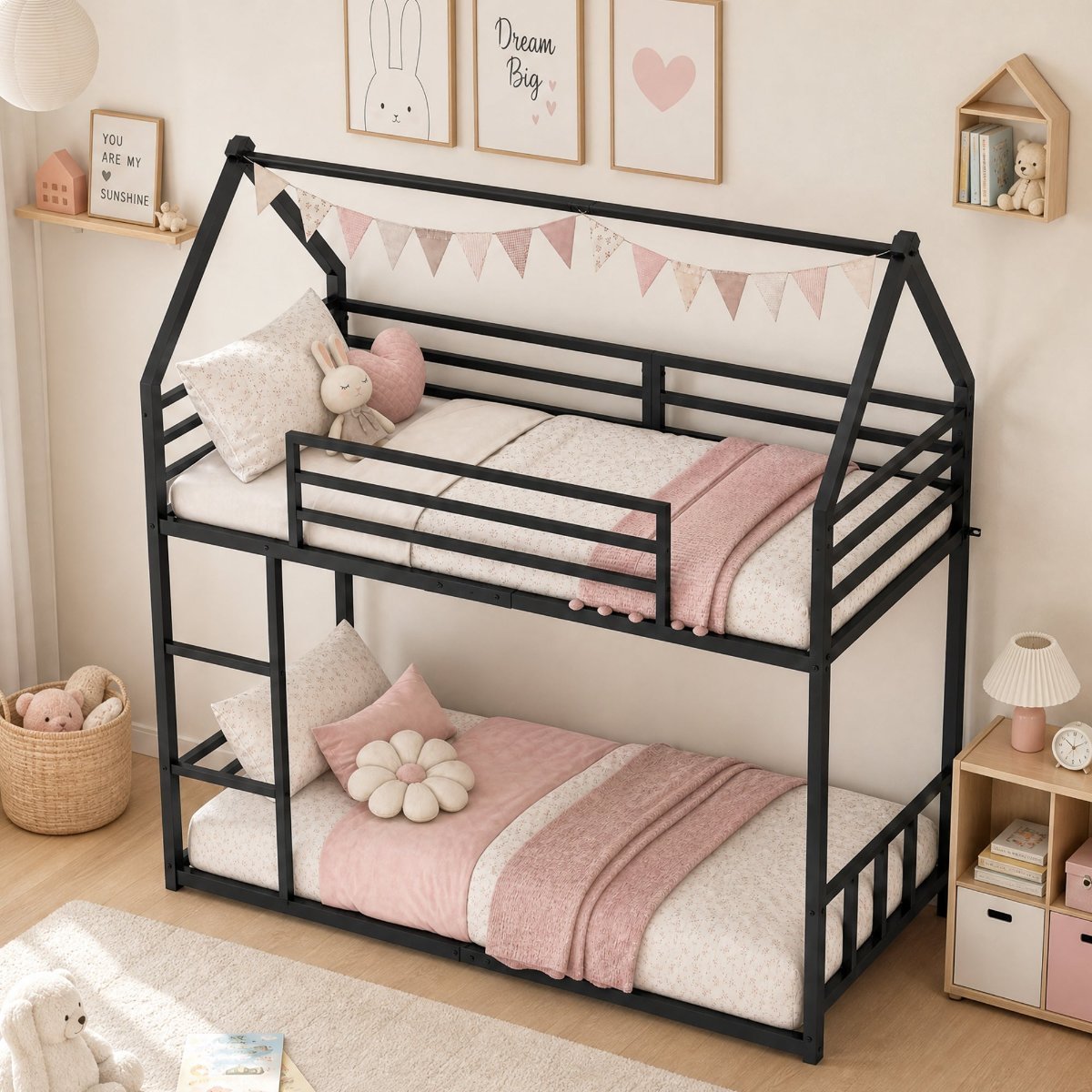 Metal House Bunk Bed Single Over Single with Guardrails