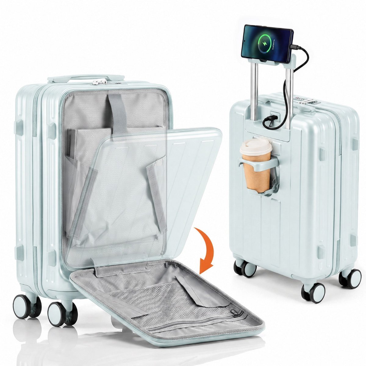 Hard shell carry-on suitcase with 7-piece packing set