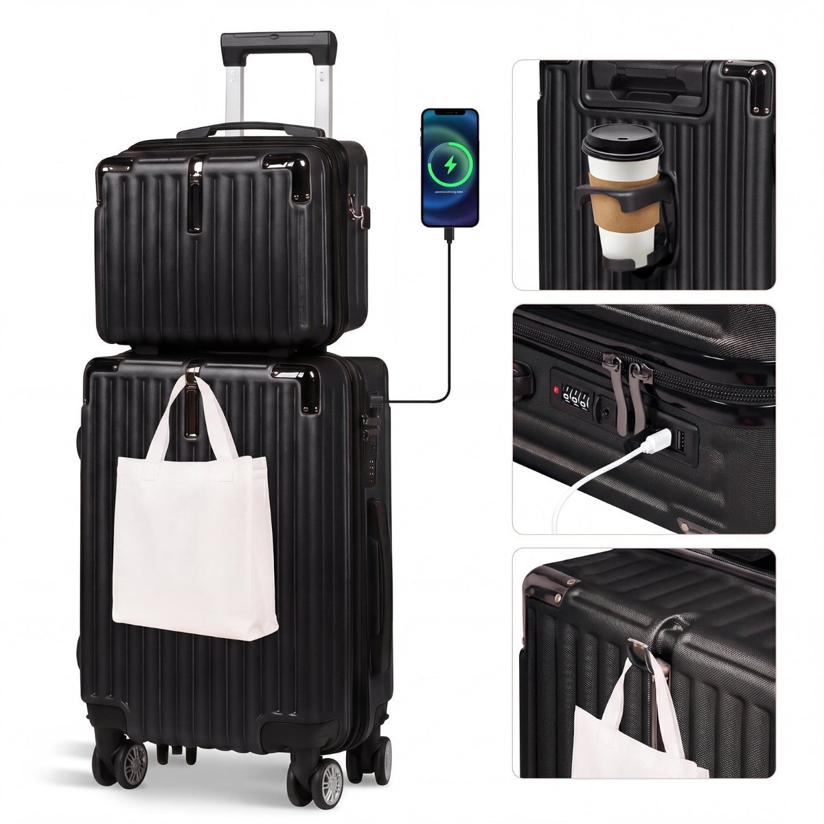 Hard shell twin luggage set with power bank pocket