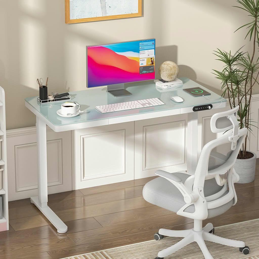 Electric Standing Desk with Glass Top and Drawer