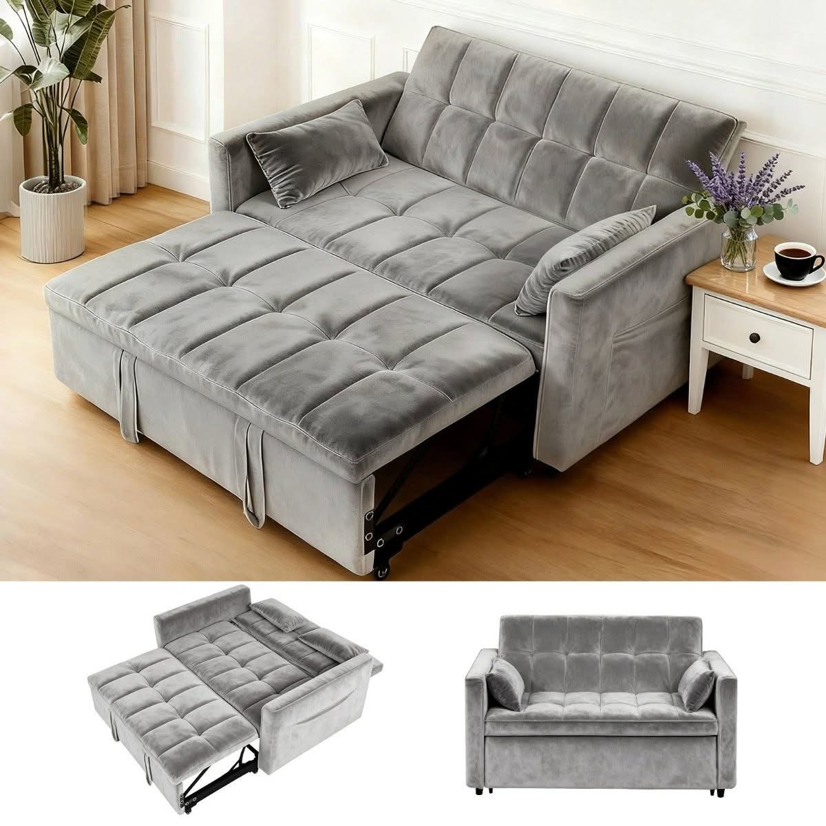 3-in-1 Convertible Velvet Sofa Bed