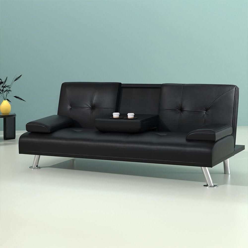 Leather Sofa Bed with Cupholder and Recliner
