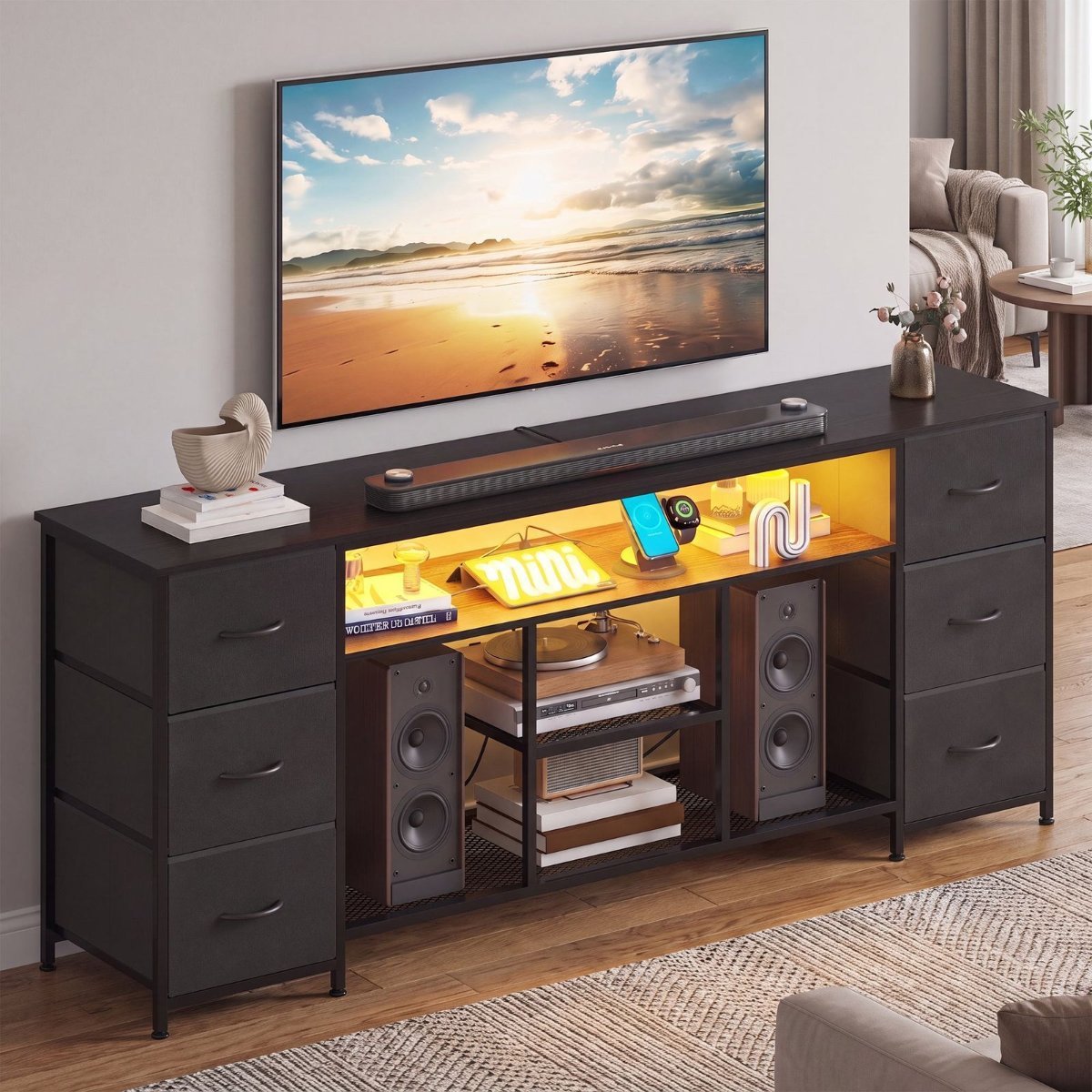 TV Unit Cabinet with 6 Drawers and Open Shelf