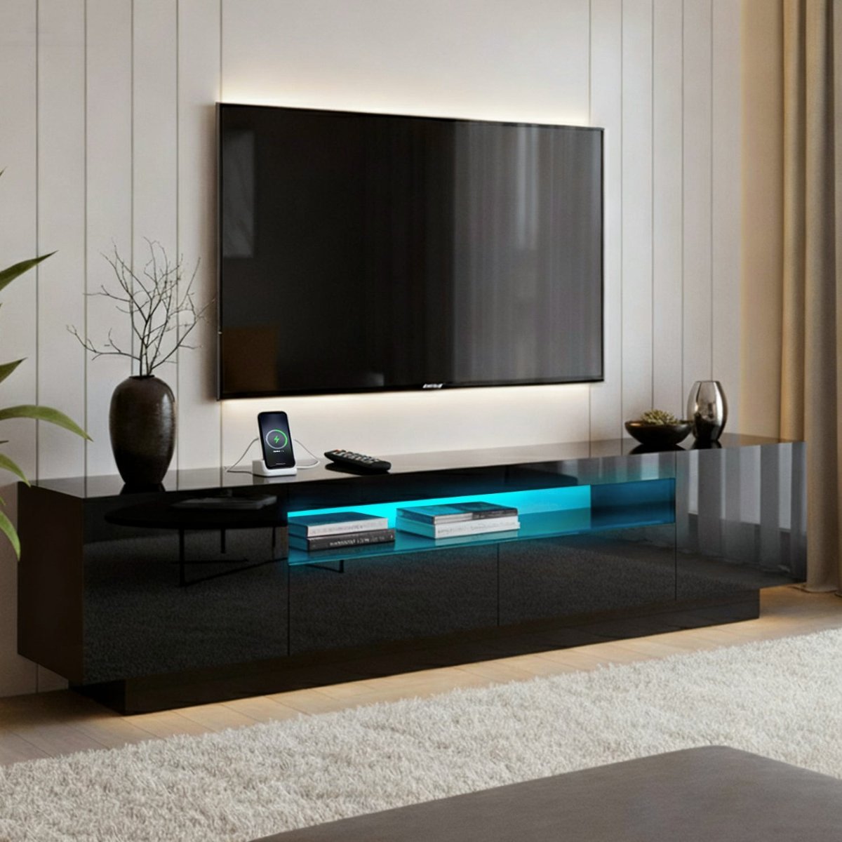 180cm Black TV Unit with RGB LED Drawer