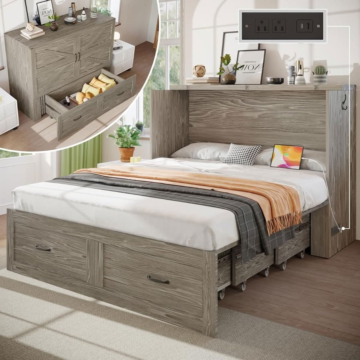 Full Size Murphy Bed with Storage and Charging Station