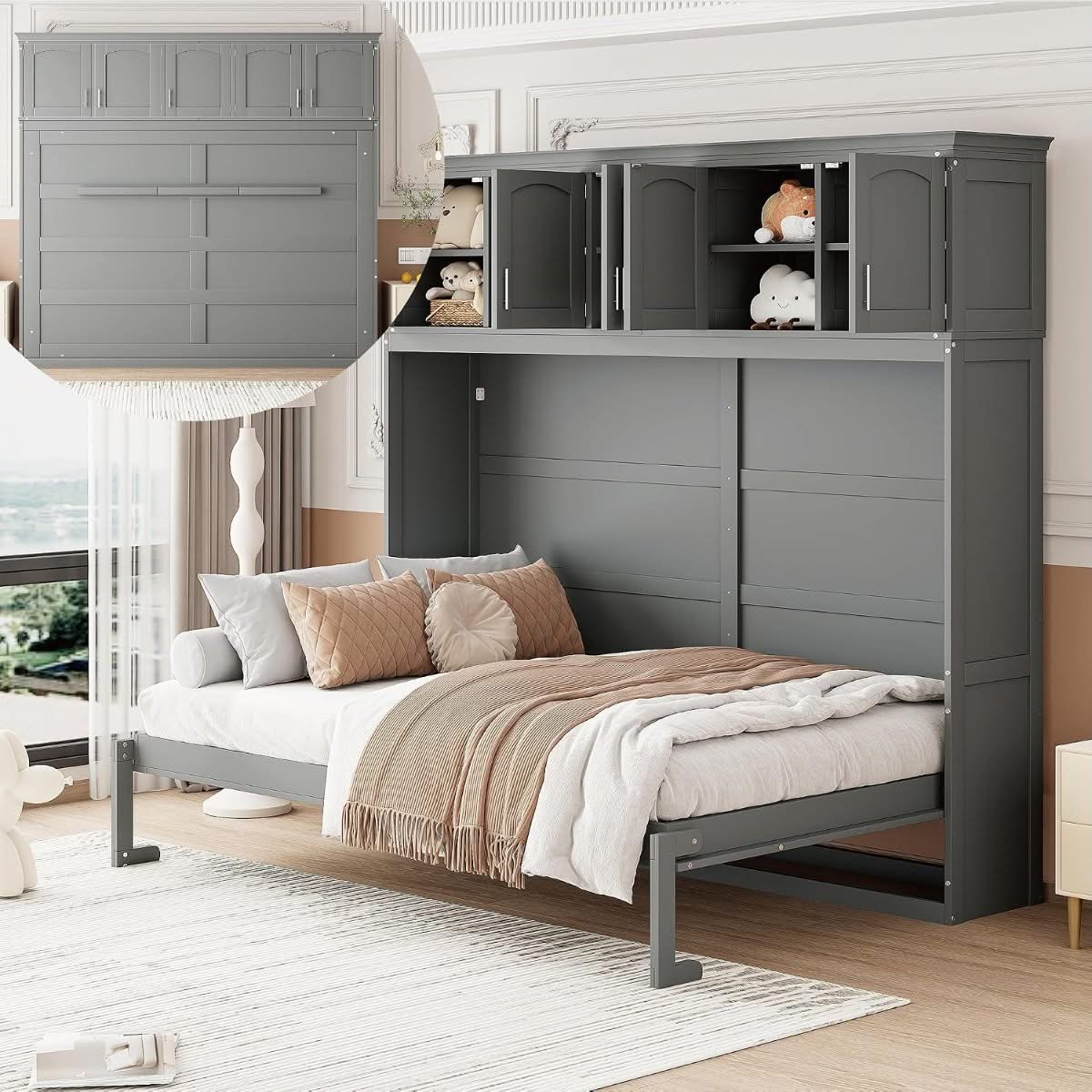 Modern Murphy Cabinet Bed with Top Cabinets