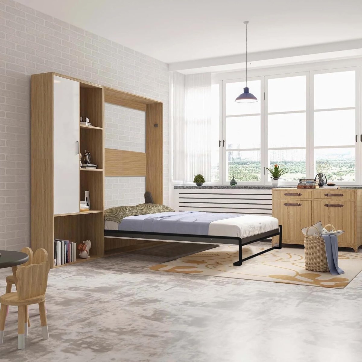 Vertical Wall Bed with Desk and Shelf