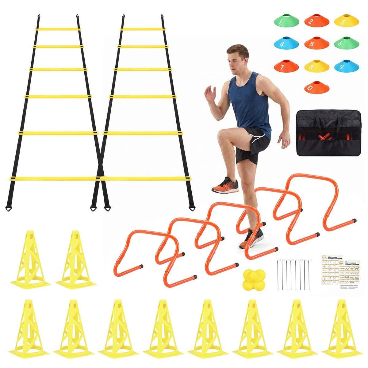 39-Piece Dual-Ladder Speed and Agility Kit with hurdles and cones