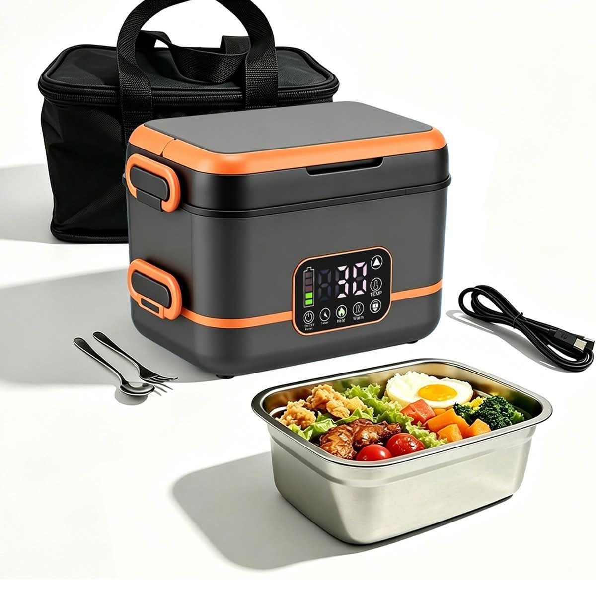 Cordless electric heated lunch box with 27000mAh battery and 5 sided heating