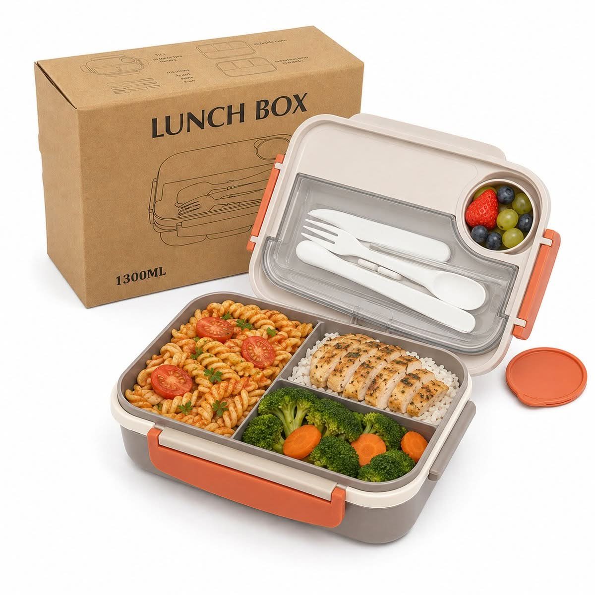 1.3 litre bento lunch box with 4 compartments and sauce cup