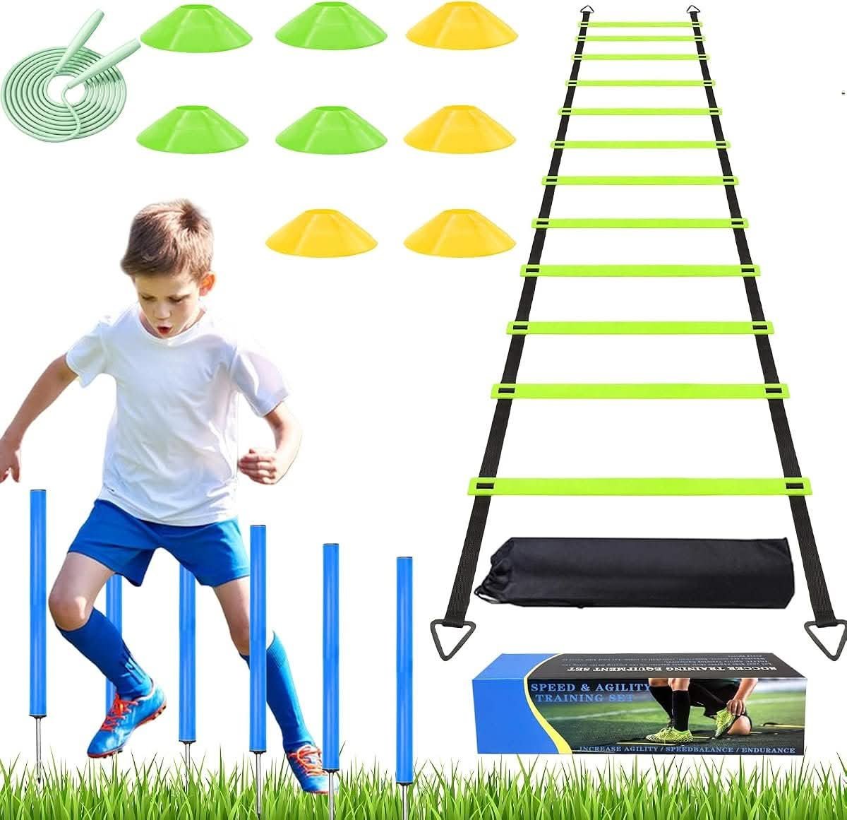 Agility ladder with training poles and soccer cones