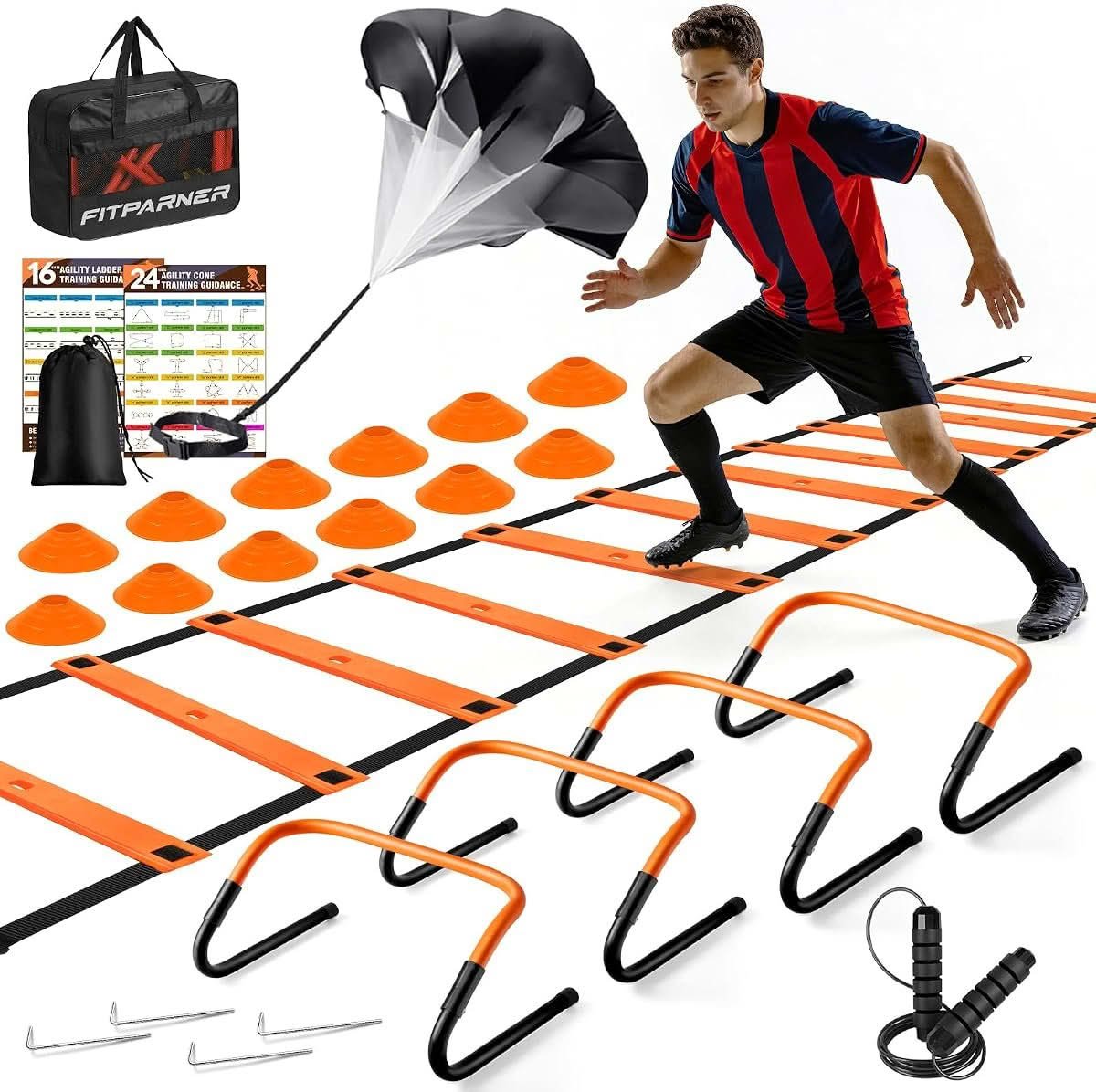 Agility ladder, hurdles, parachute and cones training combo