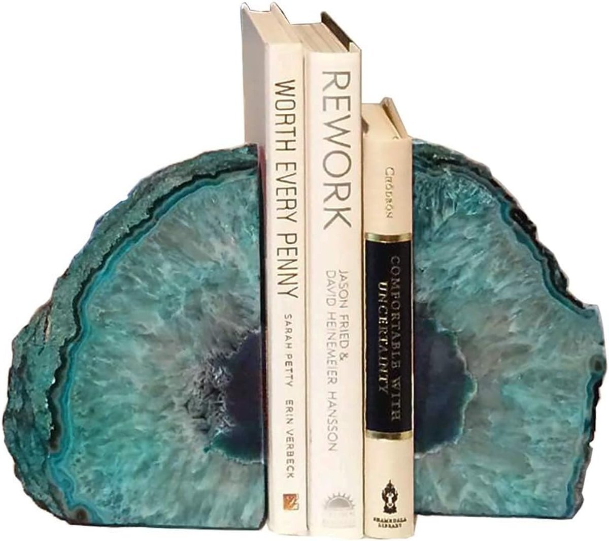 AMOYSTONE Teal Agate Geode Bookends
