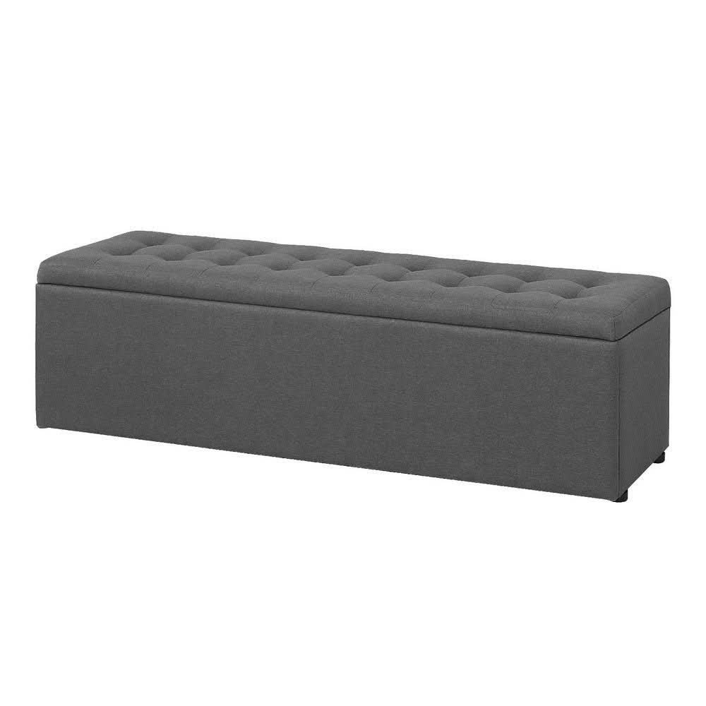 Dark grey linen blanket box with hinged lid, 140cm two-seat bench