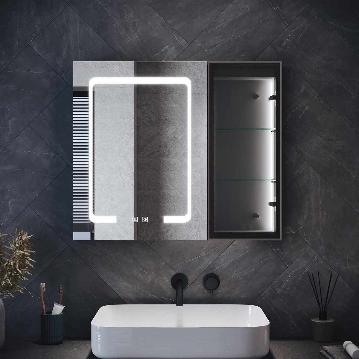 Bathroom cabinet with integrated mood lighting and glass shelves in Black Hemp