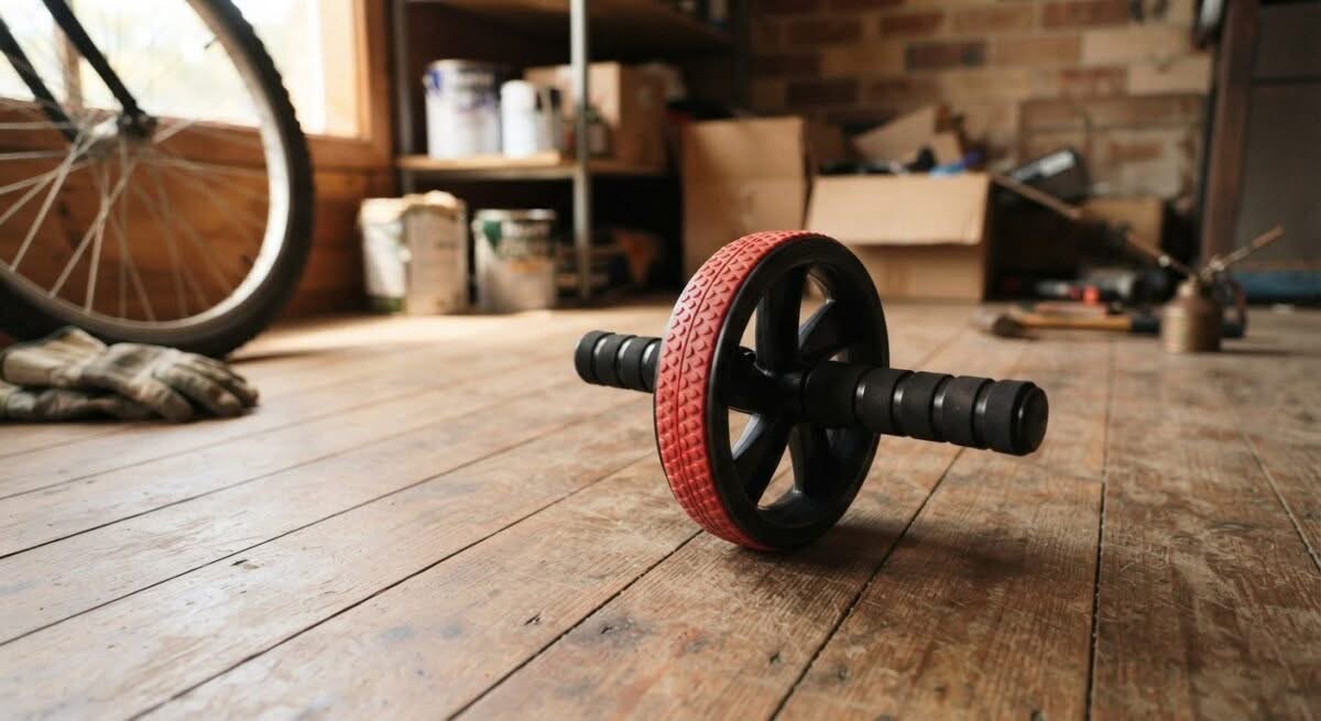 A single ab roller, showcasing the best ab rollers available in Australia, resting on a wooden floor.