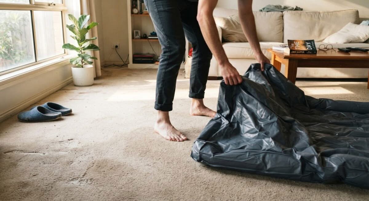 A person setting up the best air mattress in Australia on a carpeted floor, with natural light.