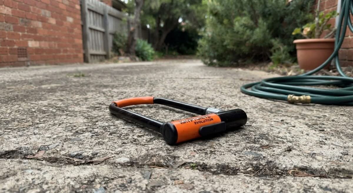 A person holding the best bike lock in Australia, a sturdy U-lock, ready to secure a bicycle.