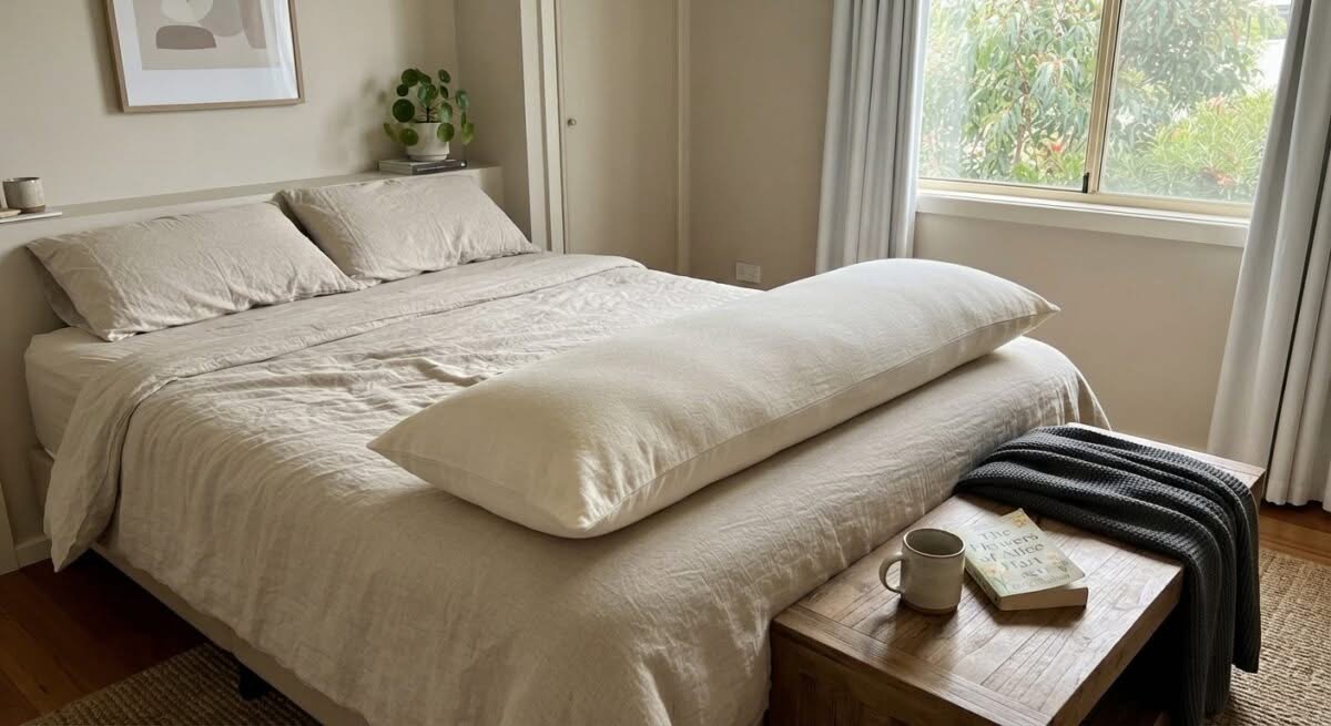A comfortable body pillow shown on a bed, highlighting it as one of the best body pillows in Australia.