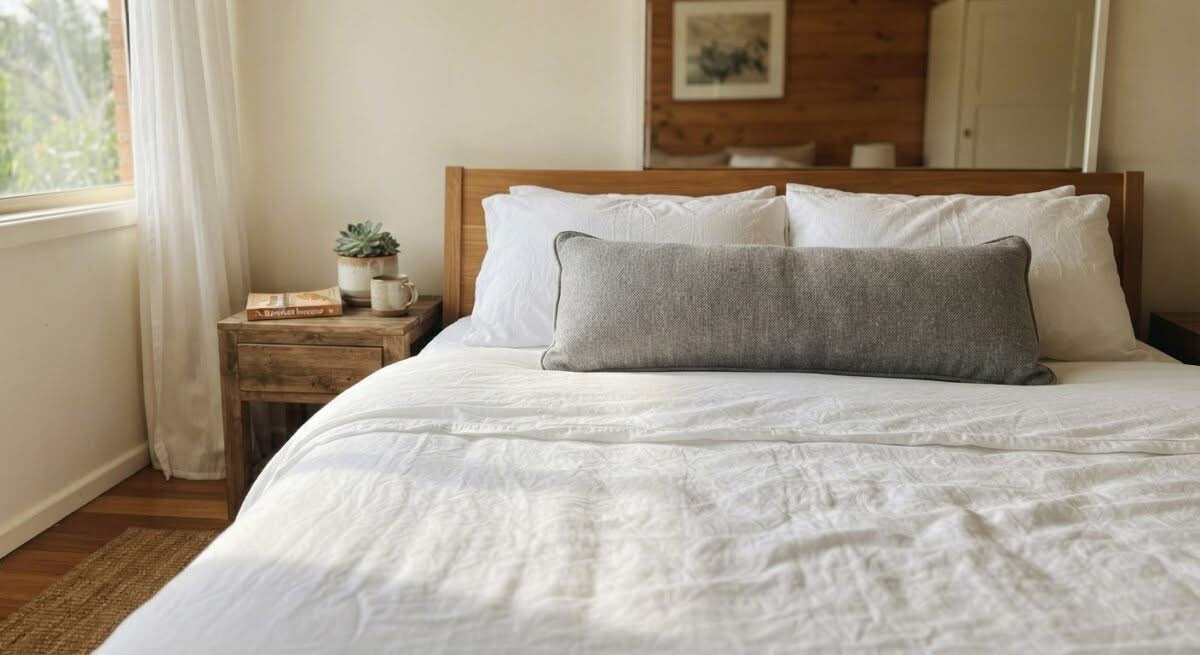 Close-up of a grey bolster pillow on a bed, highlighting it as one of the best bolster pillows in Australia.