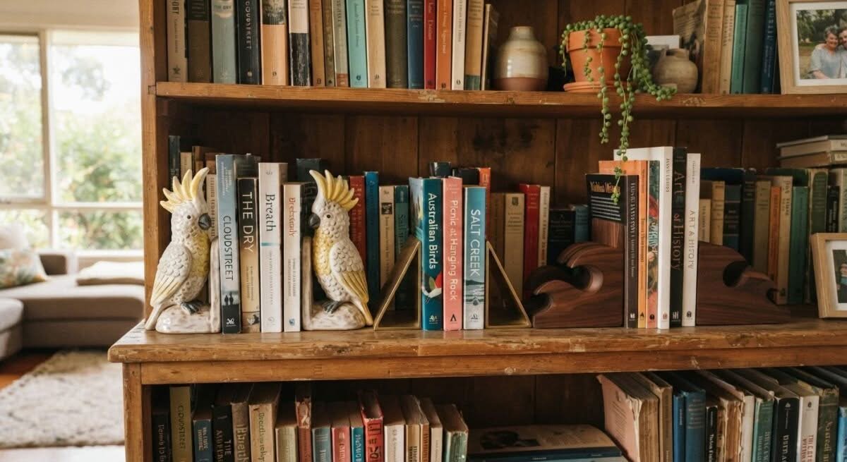 A collection of the best bookends Australia has to offer, displayed on a bookshelf.