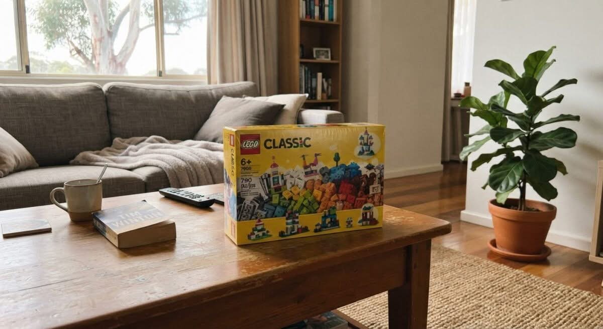 A box of the best building blocks in Australia placed on a coffee table, ready for play.