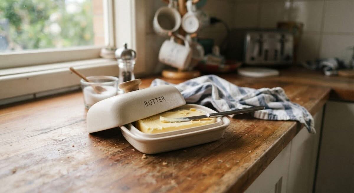 A close-up candid smartphone photo of the best butter dish Australia has to offer, sitting on a kitchen counter.