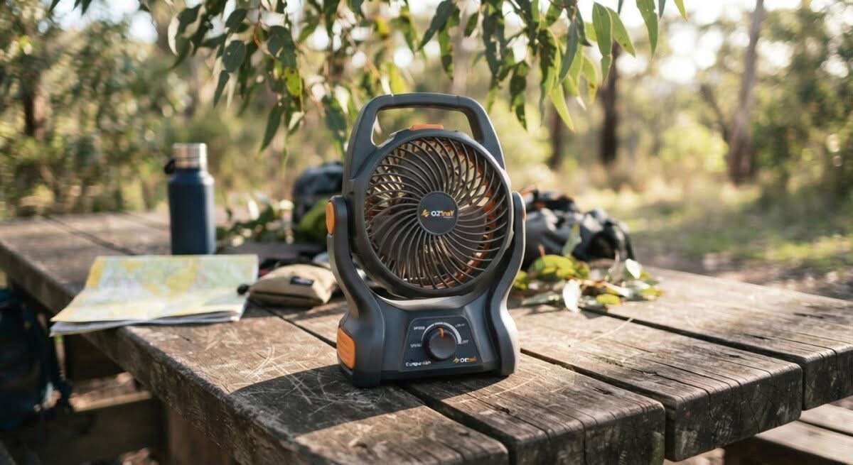 A modern portable camping fan, ideal for Australian conditions, shown on an outdoor picnic table.