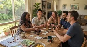 Friends enjoying playing one of the best card games in Australia at home.