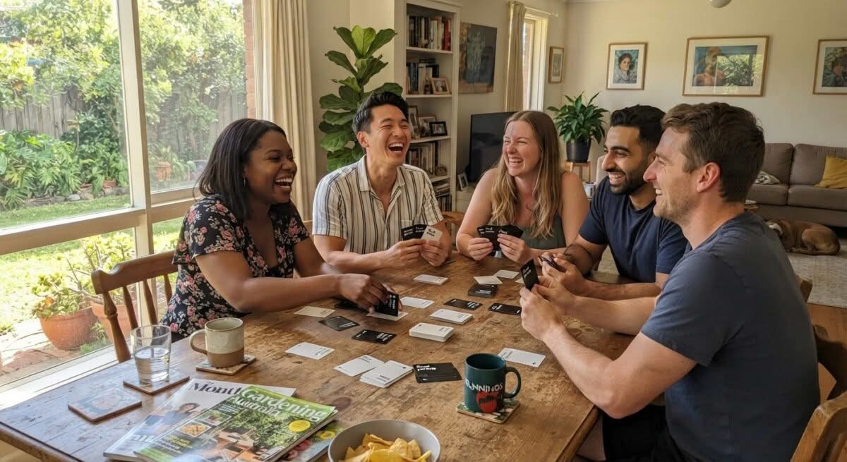 Friends enjoying playing one of the best card games in Australia at home.