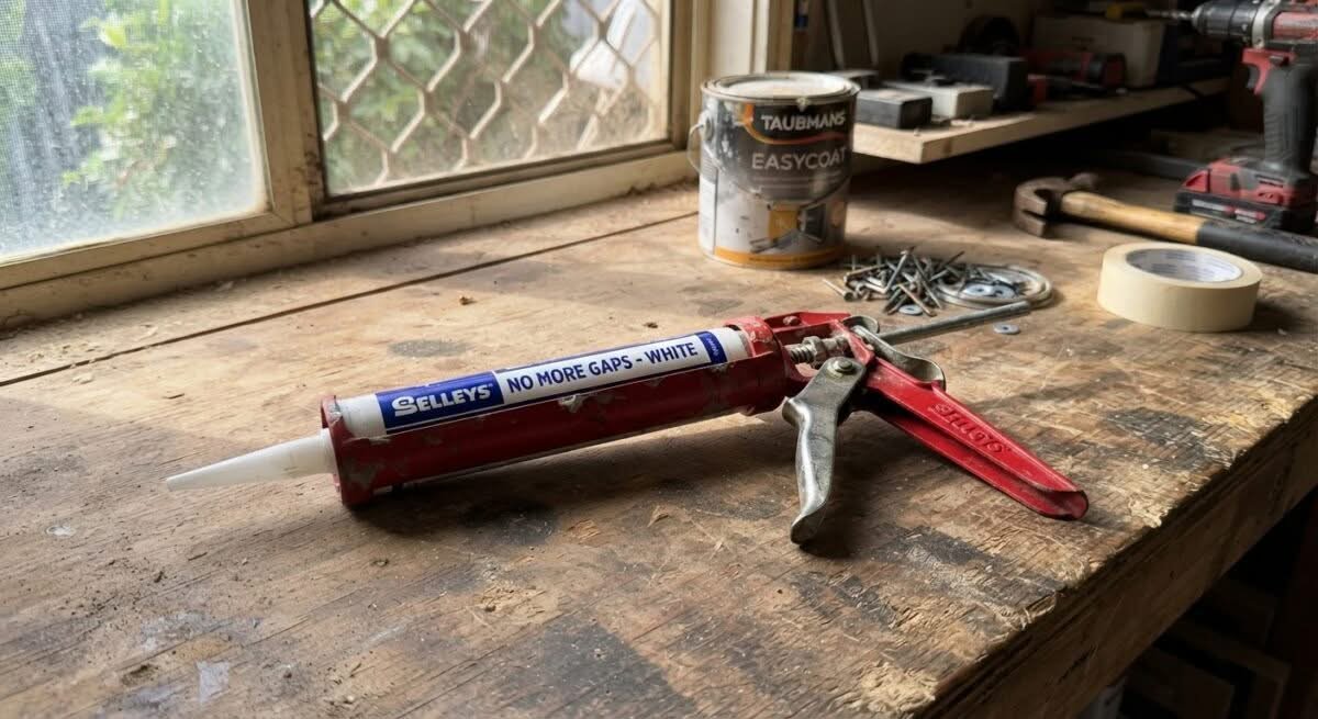 A top-rated caulking gun, the best caulking gun Australia has to offer, shown in a realistic setting.
