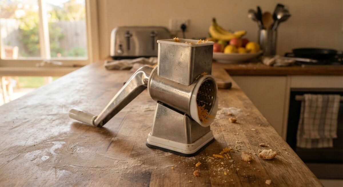 Close-up smartphone photo of a top-rated cheese grater, showcasing its design on a kitchen counter, ideal for finding the best cheese graters in Australia.
