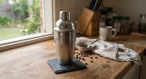 A close-up, candid smartphone photo of the best cocktail shaker sets in Australia on a kitchen counter.