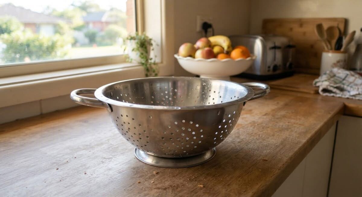 A single stainless steel colander, one of the best colanders in Australia, shown on a kitchen counter.