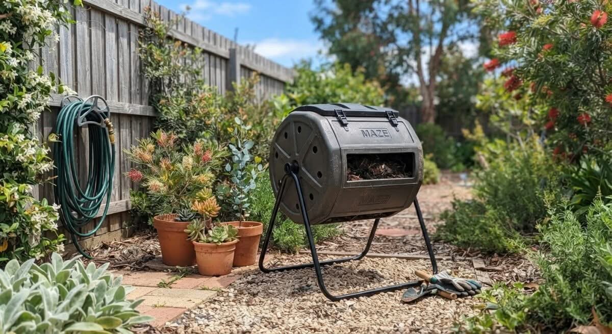 Close-up of the best compost tumbler in Australia, shown in a typical backyard setting.