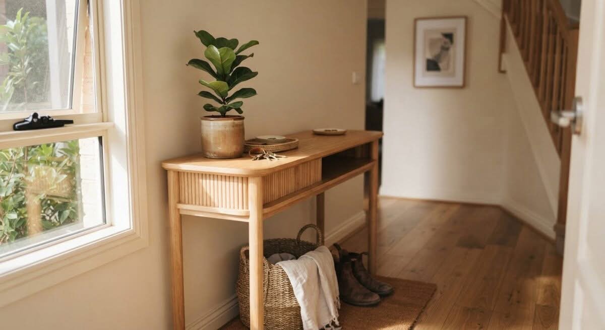 Close-up of the best console table in Australia, showcasing its design in a home setting.