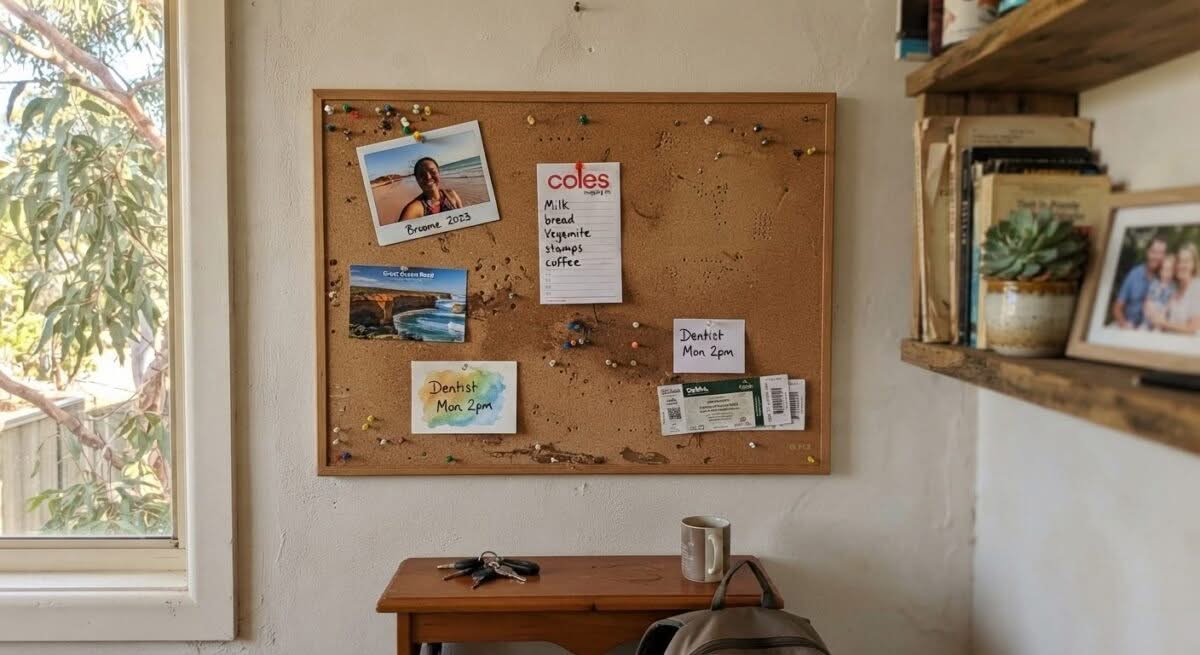 A close-up of the best corkboard in Australia, showcasing its natural texture and functionality with pinned items.