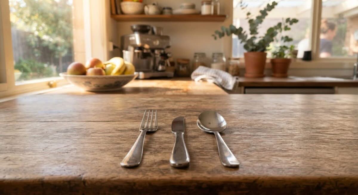 Close-up of a top-rated cutlery set in Australia, showcasing its elegant design on a wooden table.