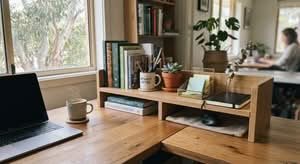 Close-up of various best desk shelves Australia, showcasing organization and style in a home setting.