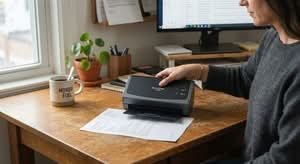 Close-up smartphone photo of the best document scanners Australia offers, on a home desk.