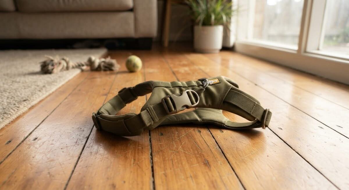 Close-up of the best dog harness in Australia, displayed on a home floor.