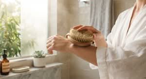 Close-up of a hand holding one of the best dry body brushes available in Australia, showcasing its natural bristles.