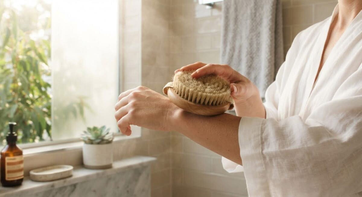 Close-up of a hand holding one of the best dry body brushes available in Australia, showcasing its natural bristles.