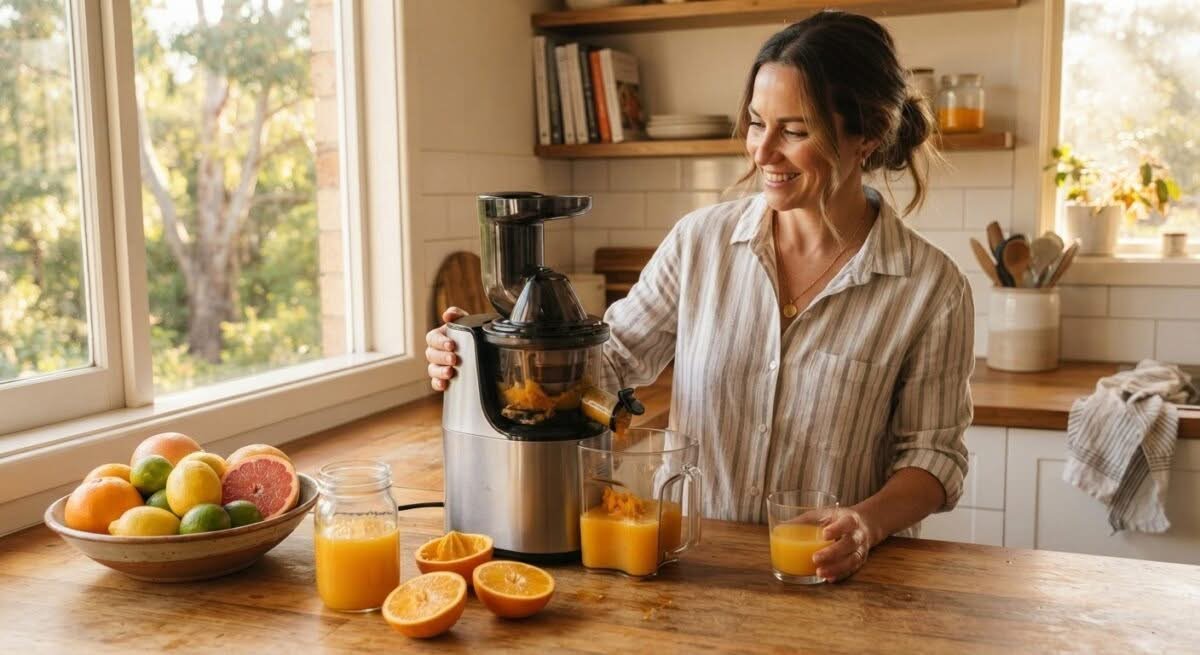 Close-up candid smartphone photo of the best juicer in Australia, displayed in a home kitchen setting with fresh fruit.