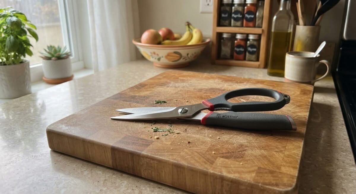 A pair of the best kitchen shears Australia has to offer, resting on a cutting board.