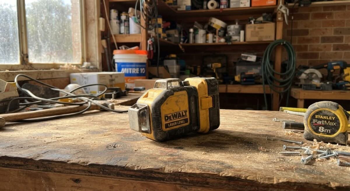 A DeWalt laser level on a workbench, representing the best laser levels in Australia.