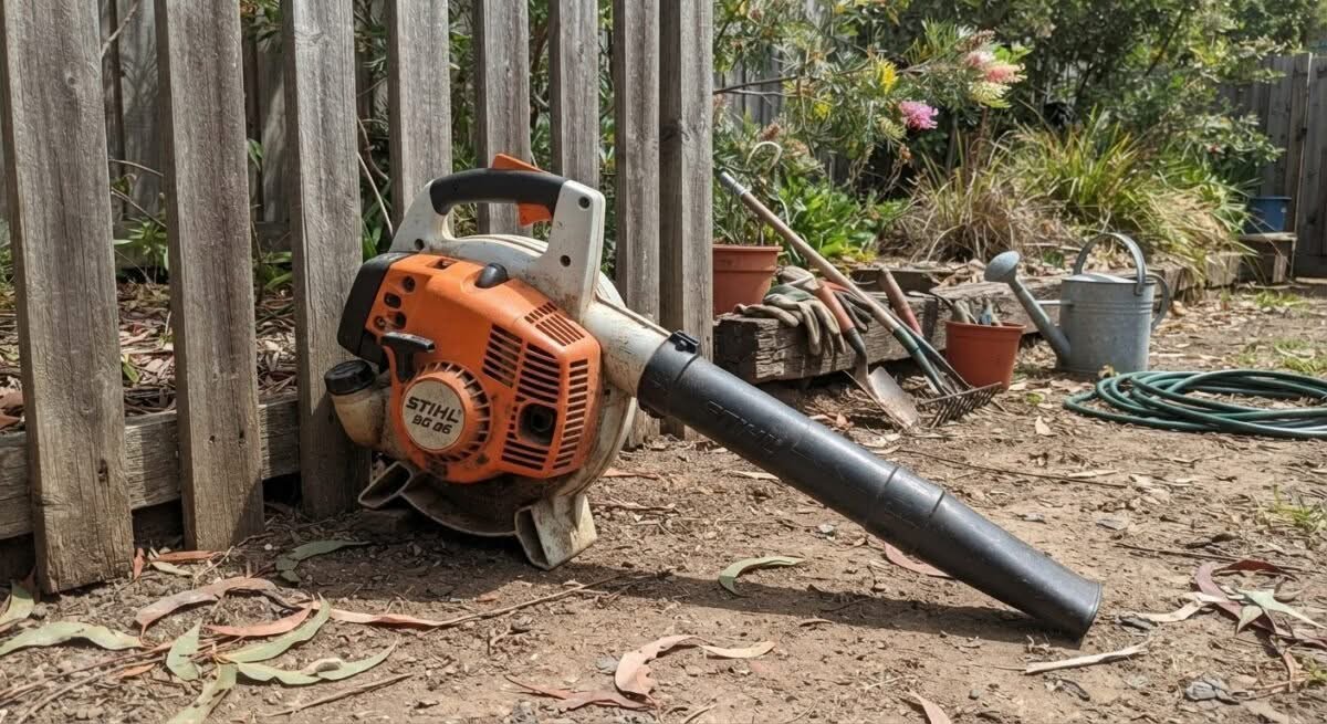 A powerful leaf blower, ideal for Australian conditions, shown in a backyard setting.