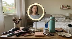 Close-up of the best makeup mirror with lights Australia, positioned on a vanity table with other personal items.
